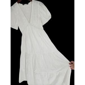 Zara Tiered Eyelet White Smocked Lined Maxi Dress Women's XS